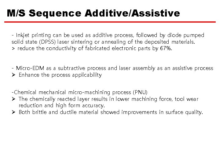 M/S Sequence Additive/Assistive - Inkjet printing can be used as additive process, followed by