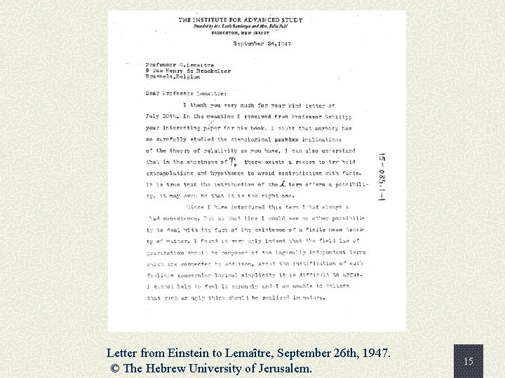 Letter from Einstein to Lemaȋtre, September 26 th, 1947. © The Hebrew University of