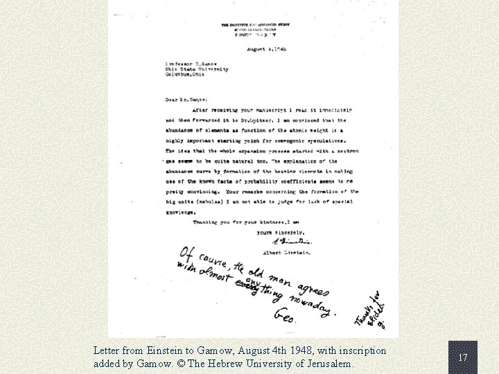 Letter from Einstein to Gamow, August 4 th 1948, with inscription added by Gamow.
