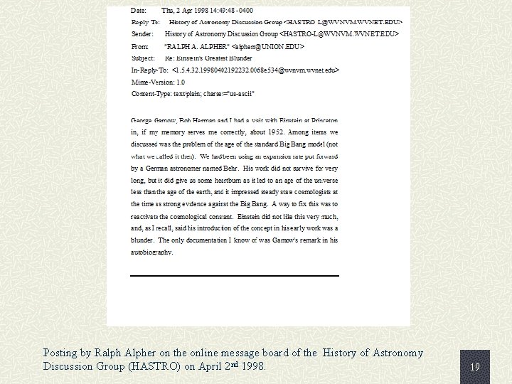 Posting by Ralph Alpher on the online message board of the History of Astronomy