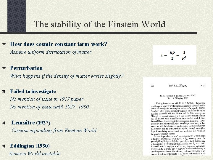 The stability of the Einstein World How does cosmic constant term work? Assume uniform