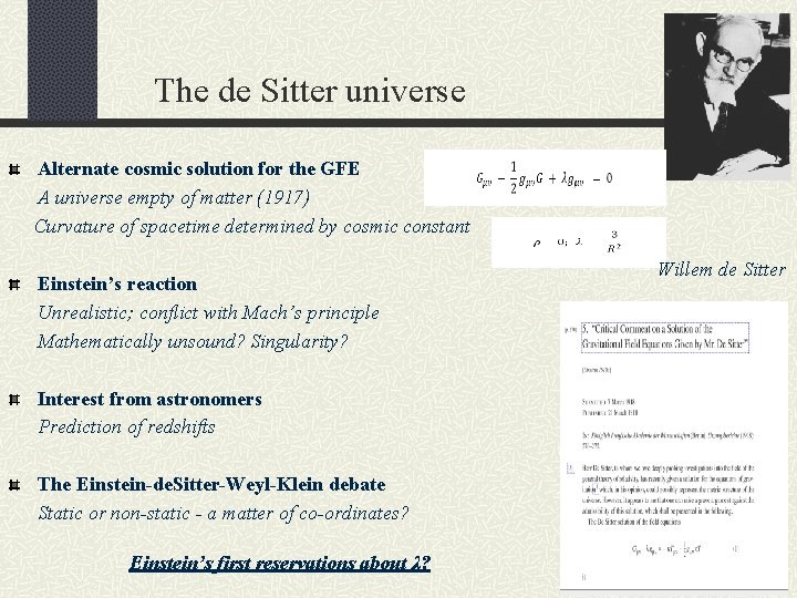 The de Sitter universe Alternate cosmic solution for the GFE A universe empty of