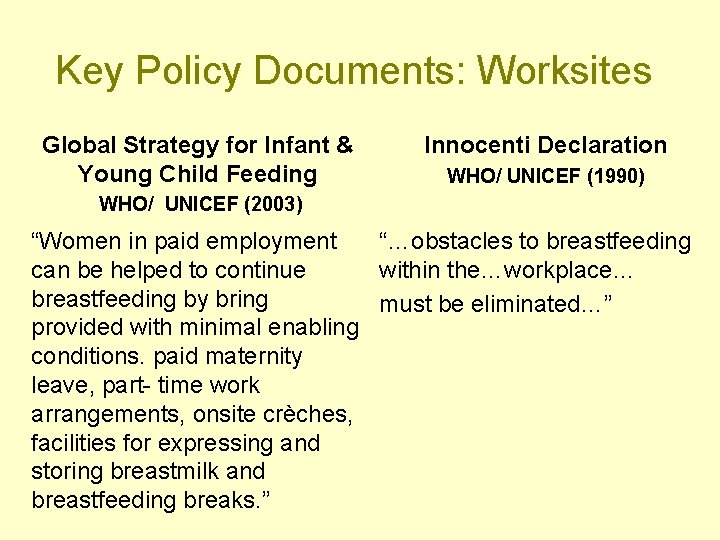 Key Policy Documents: Worksites Global Strategy for Infant & Young Child Feeding Innocenti Declaration