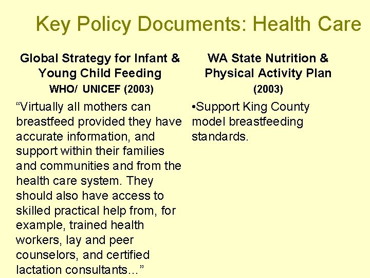 Key Policy Documents: Health Care Global Strategy for Infant & Young Child Feeding WA