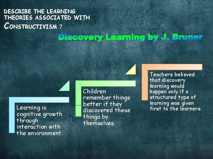 DESCRIBE THE LEARNING THEORIES ASSOCIATED WITH CONSTRUCTIVISM ? Learning is cognitive growth through interaction
