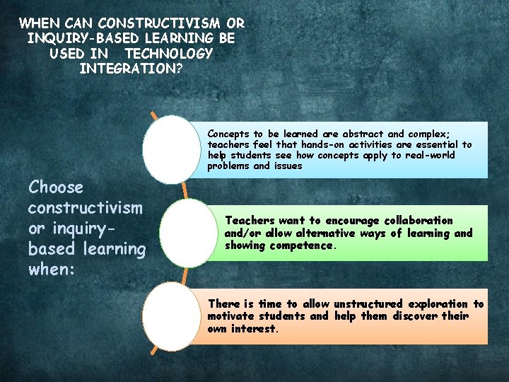 WHEN CAN CONSTRUCTIVISM OR INQUIRY-BASED LEARNING BE USED IN TECHNOLOGY INTEGRATION? Concepts to be