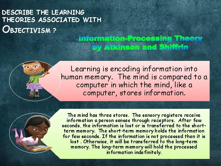 DESCRIBE THE LEARNING THEORIES ASSOCIATED WITH OBJECTIVISM ? Learning is encoding information into human