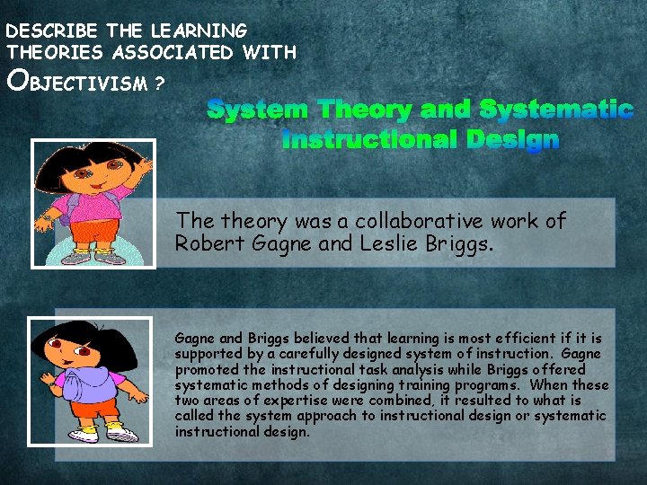 DESCRIBE THE LEARNING THEORIES ASSOCIATED WITH OBJECTIVISM ? The theory was a collaborative work
