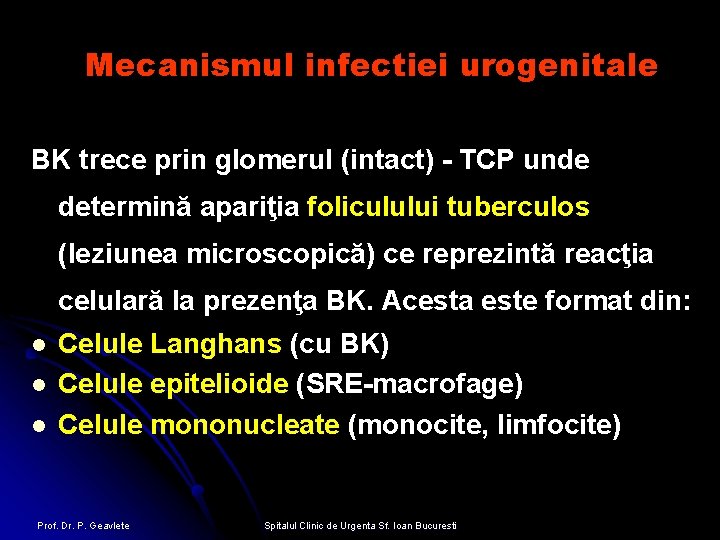 Mecanismul infectiei urogenitale BK trece prin glomerul (intact) - TCP unde determină apariţia foliculului
