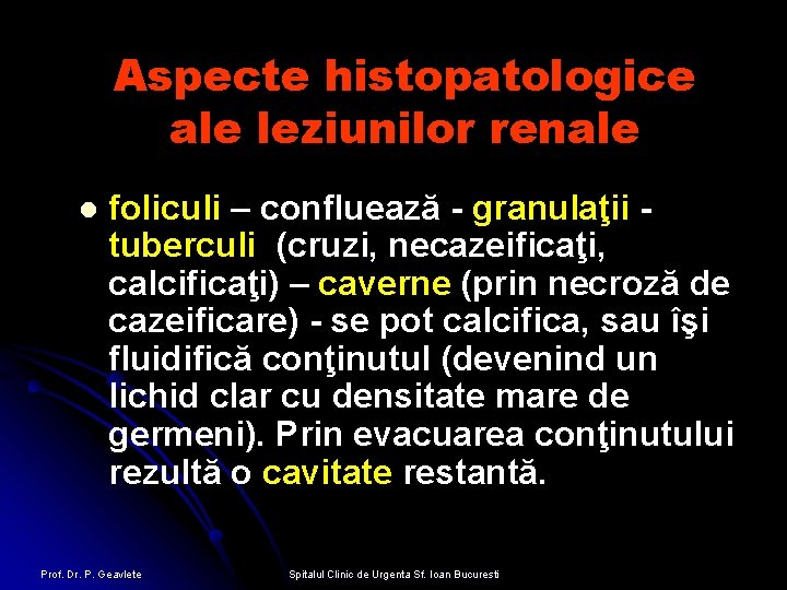 Aspecte histopatologice ale leziunilor renale l foliculi – confluează - granulaţii tuberculi (cruzi, necazeificaţi,