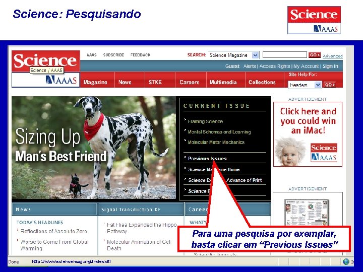 Science: Pesquisando Para uma pesquisa por exemplar, basta clicar em “Previous Issues” http: //www.