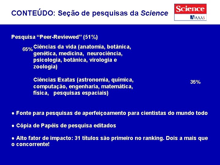 CONTEÚDO: Seção de pesquisas da Science Pesquisa “Peer-Reviewed” (51%) 65% Ciências da vida (anatomia,