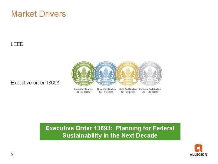 Market Drivers LEED Executive order 13693 Executive Order 13693: Planning for Federal Sustainability in