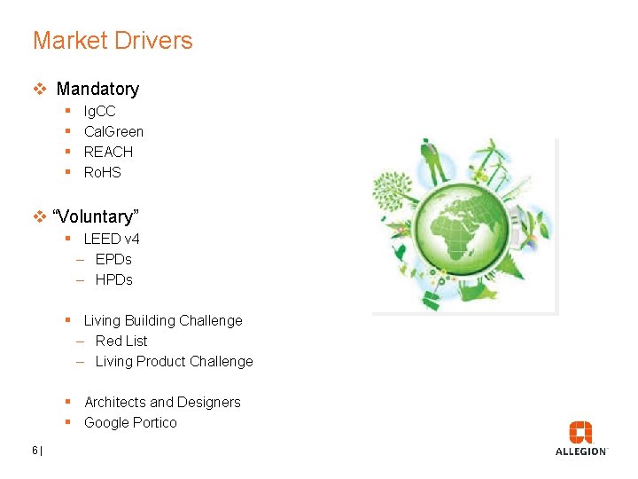 Market Drivers v Mandatory § § Ig. CC Cal. Green REACH Ro. HS v Market Drivers v Mandatory § § Ig. CC Cal. Green REACH Ro. HS v