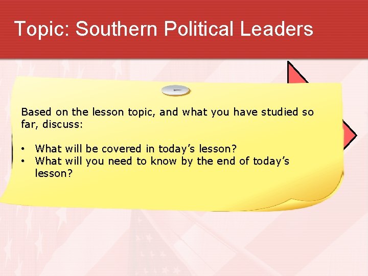 Topic: Southern Political Leaders EXPLAIN Based. KNOW on the lesson topic, and what you