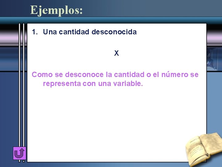 Ejemplos: 1. Una cantidad desconocida X Como se desconoce la cantidad o el número