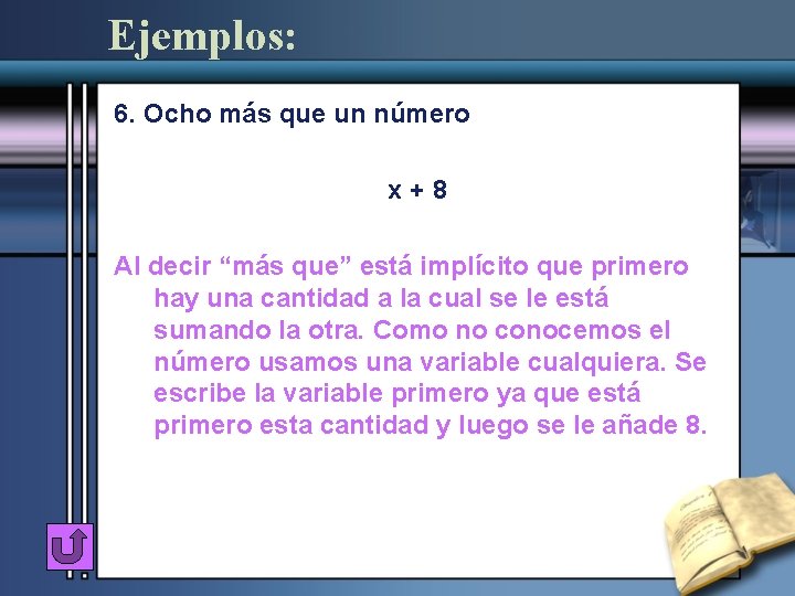 Ejemplos: 6. Ocho más que un número x+8 Al decir “más que” está implícito