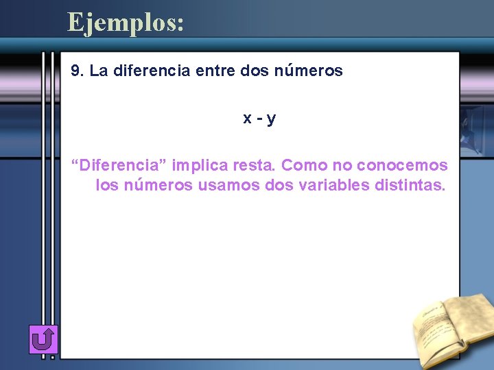 Ejemplos: 9. La diferencia entre dos números x-y “Diferencia” implica resta. Como no conocemos