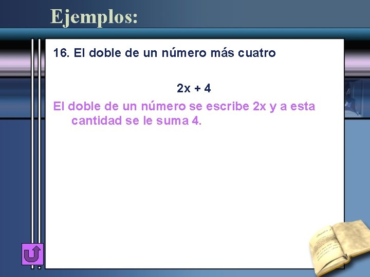 Ejemplos: 16. El doble de un número más cuatro 2 x + 4 El