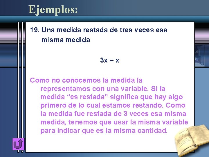 Ejemplos: 19. Una medida restada de tres veces esa misma medida 3 x –