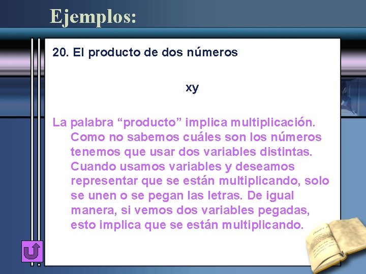 Ejemplos: 20. El producto de dos números xy La palabra “producto” implica multiplicación. Como