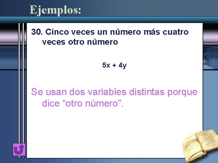 Ejemplos: 30. Cinco veces un número más cuatro veces otro número 5 x +