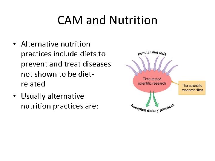 CAM and Nutrition • Alternative nutrition practices include diets to prevent and treat diseases