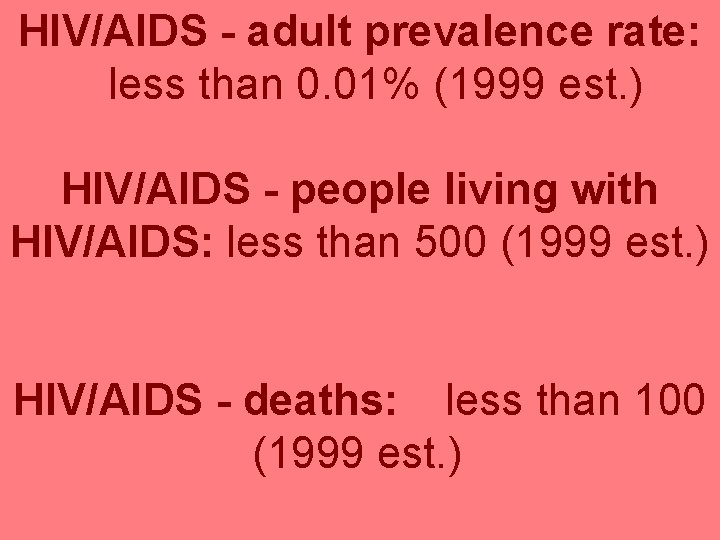 HIV/AIDS - adult prevalence rate: less than 0. 01% (1999 est. ) HIV/AIDS -