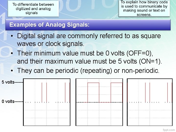 Examples of Analog Signals: • Digital signal are commonly referred to as square waves Examples of Analog Signals: • Digital signal are commonly referred to as square waves