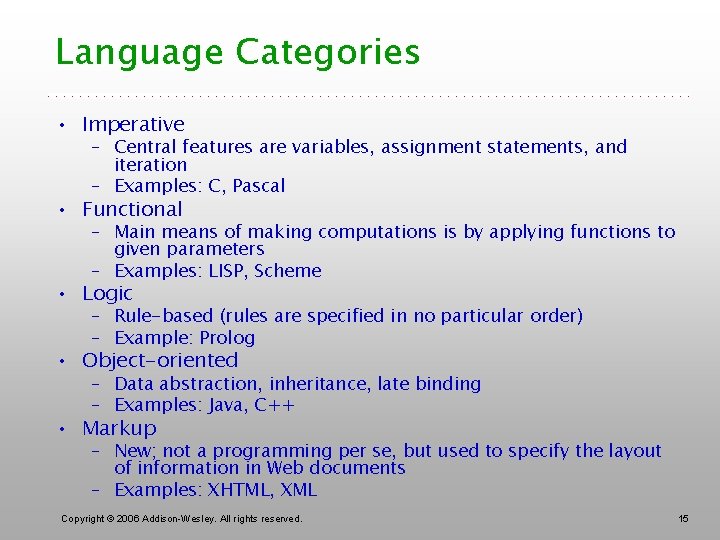 Language Categories • Imperative – Central features are variables, assignment statements, and iteration –