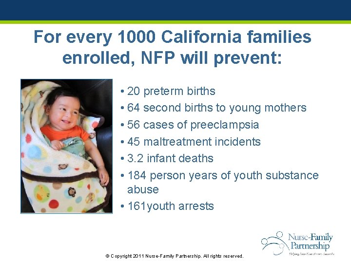 For every 1000 California families enrolled, NFP will prevent: • 20 preterm births •