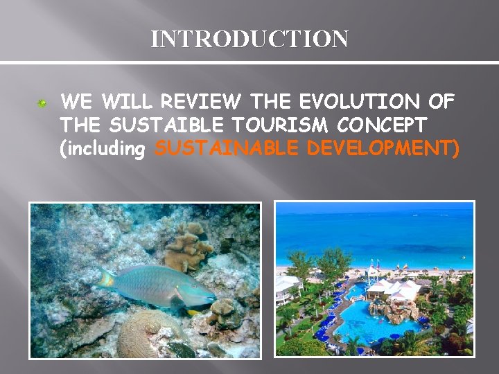 INTRODUCTION WE WILL REVIEW THE EVOLUTION OF THE SUSTAIBLE TOURISM CONCEPT (including SUSTAINABLE DEVELOPMENT)