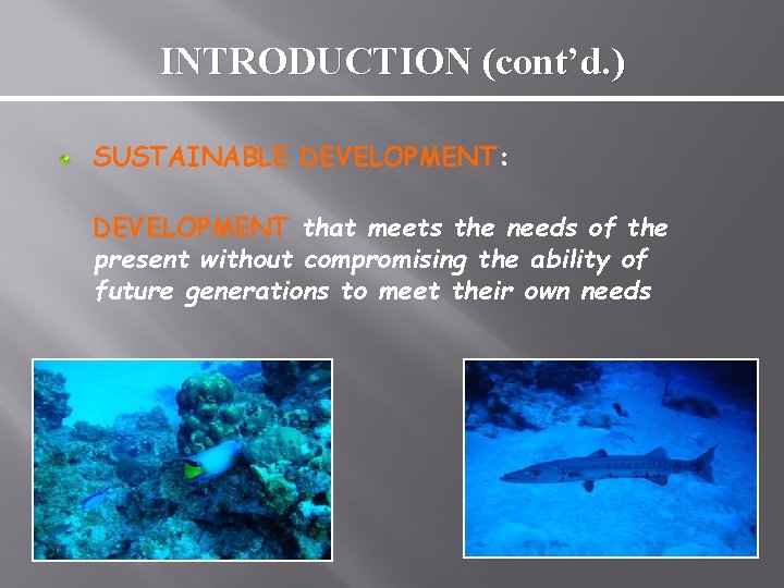 INTRODUCTION (cont’d. ) SUSTAINABLE DEVELOPMENT: DEVELOPMENT that meets the needs of the present without