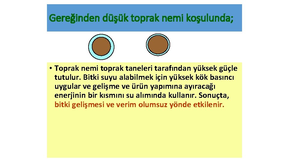 Gereğinden düşük toprak nemi koşulunda; • Toprak nemi toprak taneleri tarafından yüksek güçle tutulur.