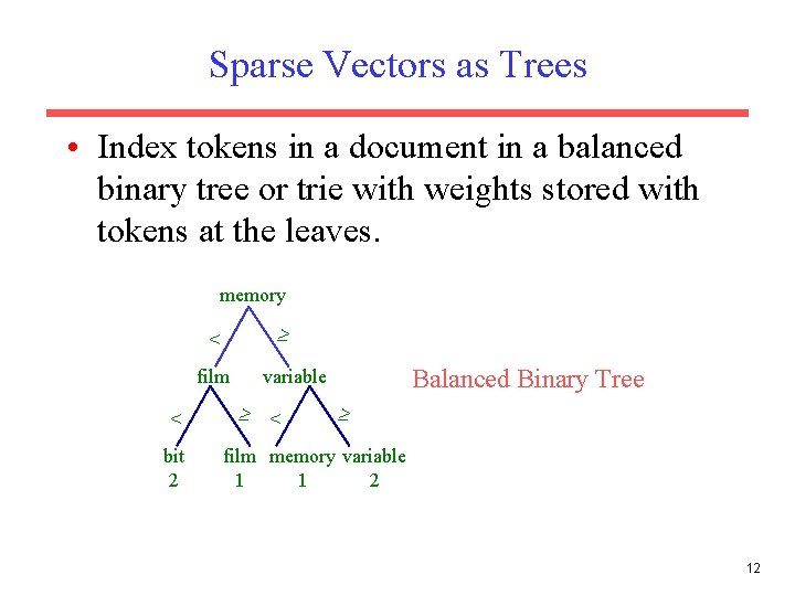 Sparse Vectors as Trees • Index tokens in a document in a balanced binary