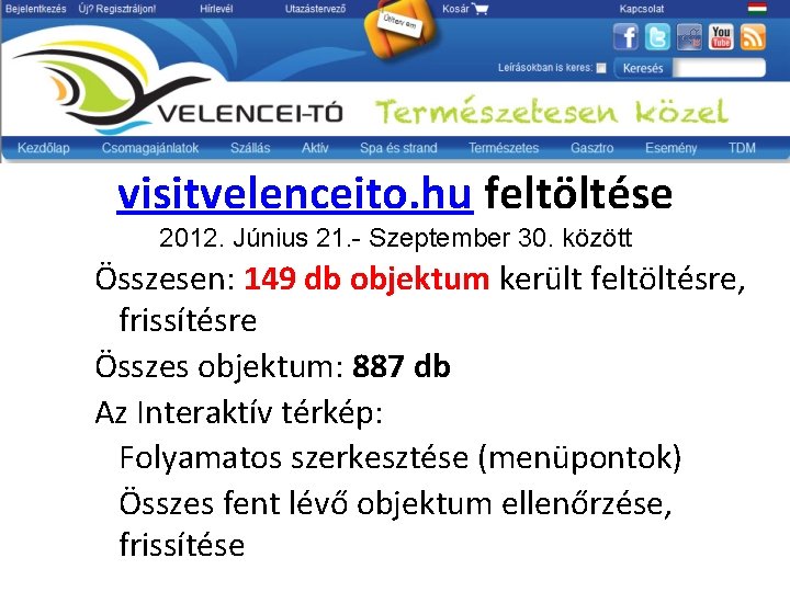 visitvelenceito. hu feltöltése 2012. Június 21. - Szeptember 30. között Összesen: 149 db objektum