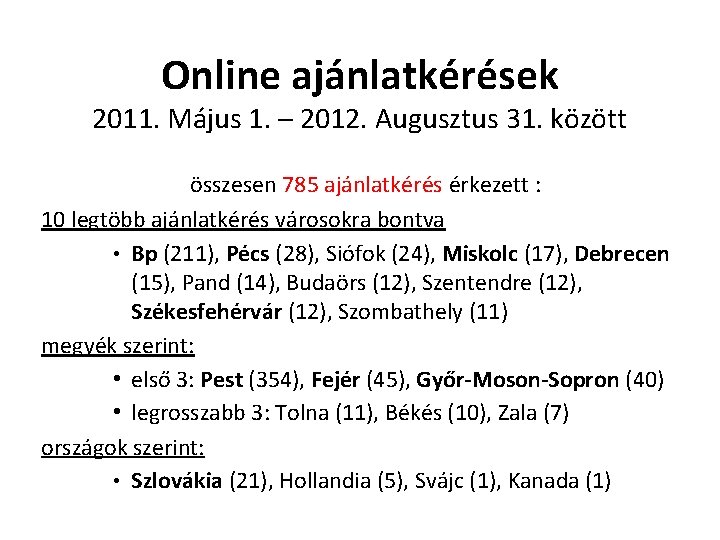 Online ajánlatkérések 2011. Május 1. – 2012. Augusztus 31. között összesen 785 ajánlatkérés érkezett