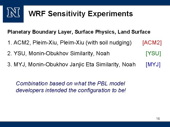 WRF Sensitivity Experiments Planetary Boundary Layer, Surface Physics, Land Surface 1. ACM 2, Pleim-Xiu