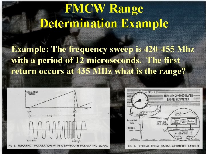 FMCW Range Determination Example: The frequency sweep is 420 -455 Mhz with a period