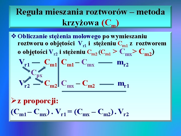 Reguła mieszania roztworów – metoda krzyżowa (Cm) v Obliczanie stężenia molowego po wymieszaniu roztworu