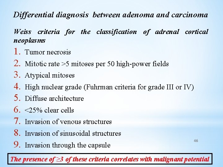 Differential diagnosis between adenoma and carcinoma Weiss criteria for the classification of adrenal cortical