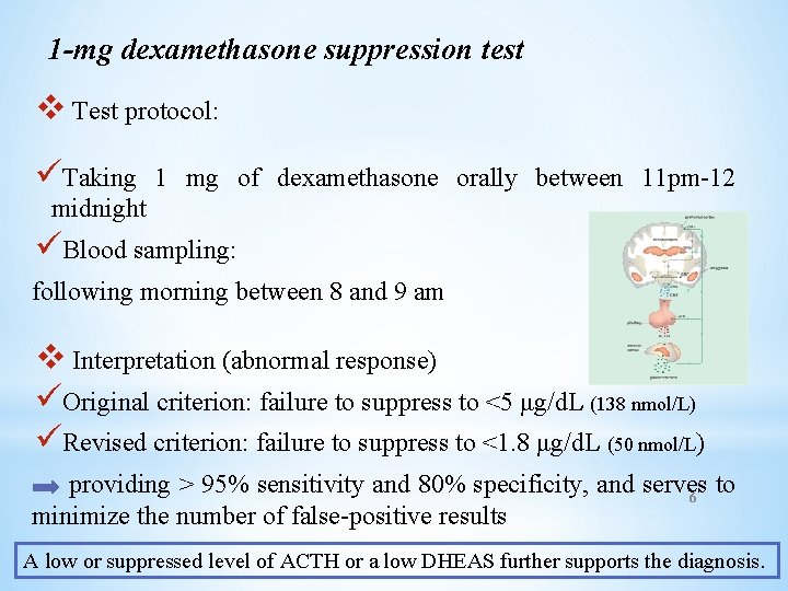 1 -mg dexamethasone suppression test v Test protocol: üTaking 1 mg of dexamethasone orally