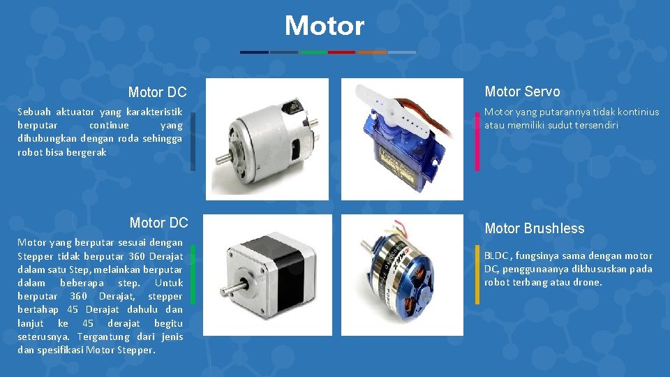 Motor DC Sebuah aktuator yang karakteristik berputar continue yang dihubungkan dengan roda sehingga robot