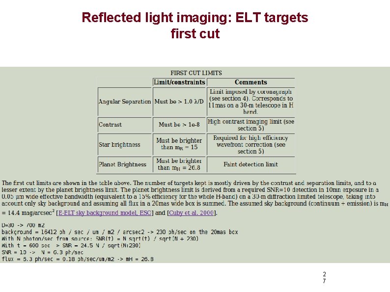 Reflected light imaging: ELT targets first cut 2 7 