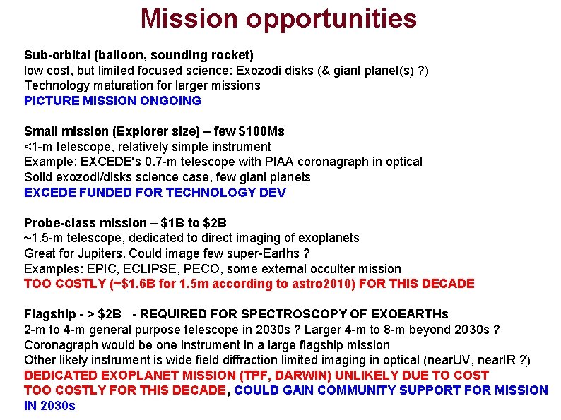 Mission opportunities Sub-orbital (balloon, sounding rocket) low cost, but limited focused science: Exozodi disks