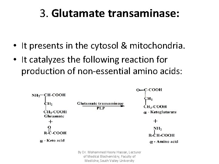 3. Glutamate transaminase: • It presents in the cytosol & mitochondria. • It catalyzes