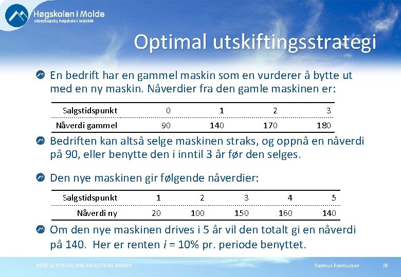 Optimal utskiftingsstrategi En bedrift har en gammel maskin som en vurderer å bytte ut