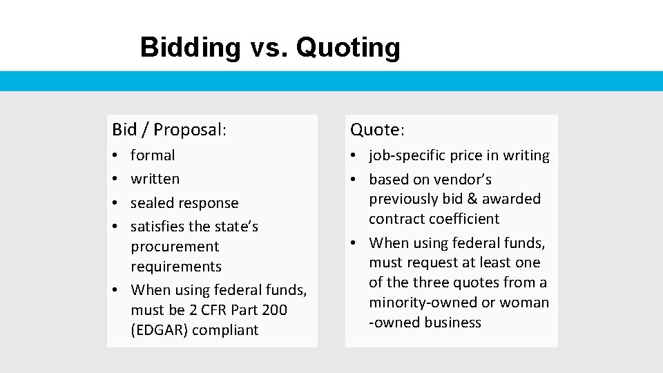 Bidding vs. Quoting Bid / Proposal: Quote: formal written sealed response satisfies the state’s