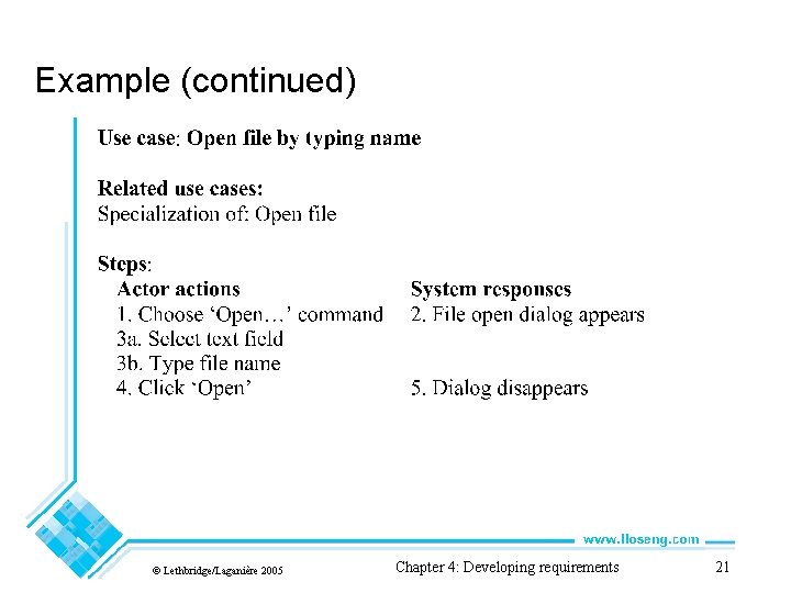 Example (continued) © Lethbridge/Laganière 2005 Chapter 4: Developing requirements 21 