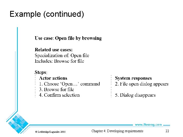 Example (continued) © Lethbridge/Laganière 2005 Chapter 4: Developing requirements 22 